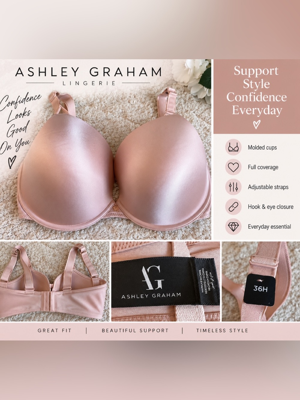 Ashley Graham Satin Molded T-Shirt Bra - Rose Blush